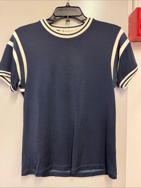 Men's Navy Short-Sleeve Knit Tee with White Stripe Detail